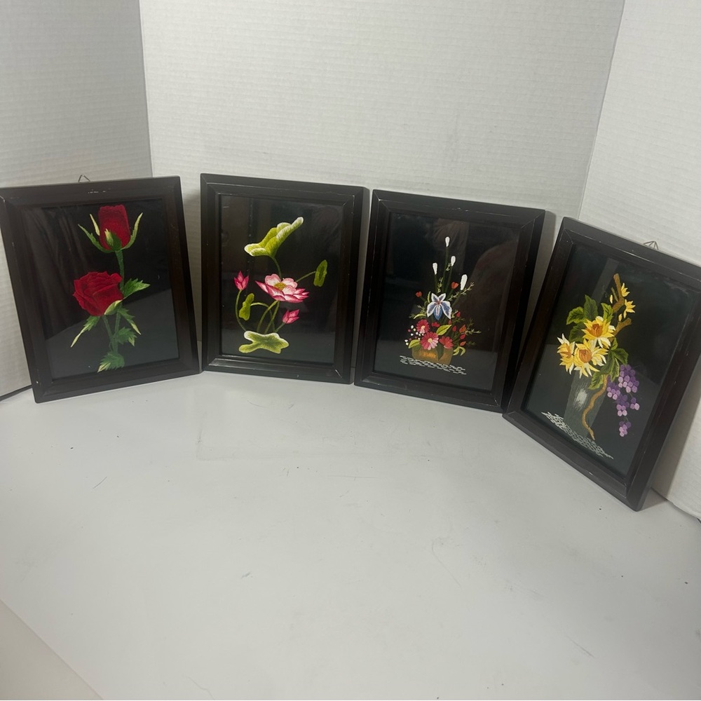 Vintage Set of Four Floral Embroidered Wall Art